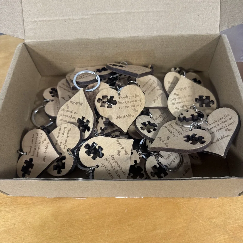 Lot of 25 Wedding Favor Wooden Puzzle Piece Keychains Thank You Gifts